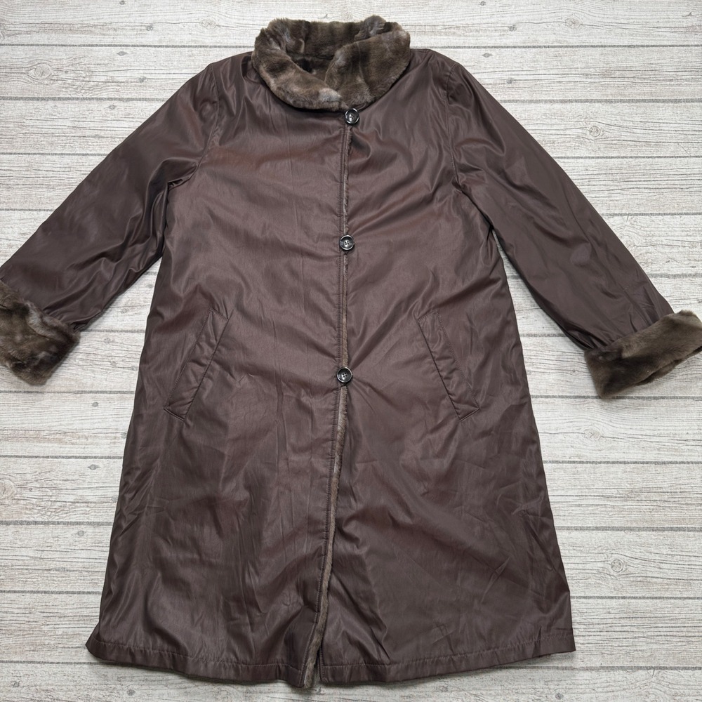 Vintage Basler Overcoat Women's 6 Brown Faux Fur Lined Button Front Outerwear